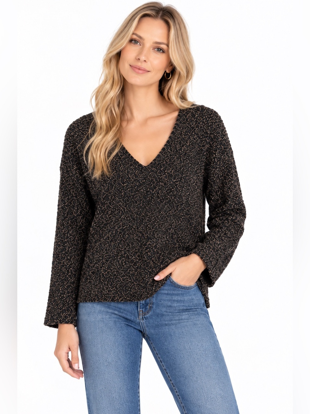 Lilla P Textured Boucle Knit V-Neck Sweater Black Brown Size Small